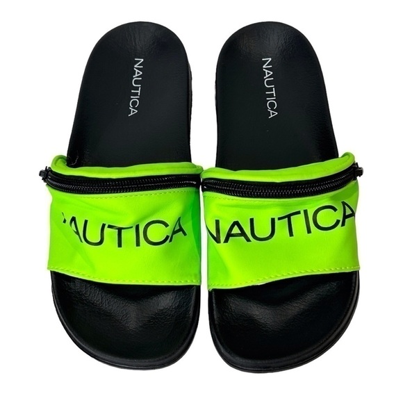 Nautica Flip Flops Asliea Unisex Slide Neon Green/Black Zip Pocket Size-5 NWOT - Picture 1 of 7
